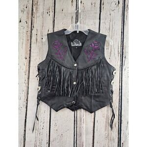 Leather King Biker Vest Womens S Black Floral Rose Fringe Concho Lace Up Sides